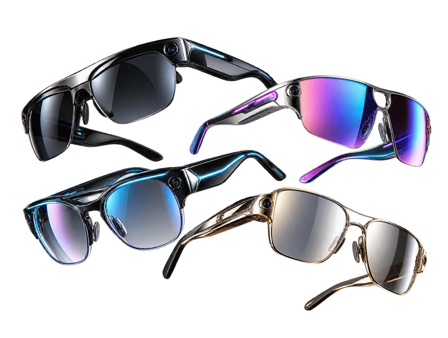 Four Euphoris™ eyewear concepts: dark chrome, polished chrome with violet accents, electric-blue chrome and champagne gold, with reflective and iridescent lenses