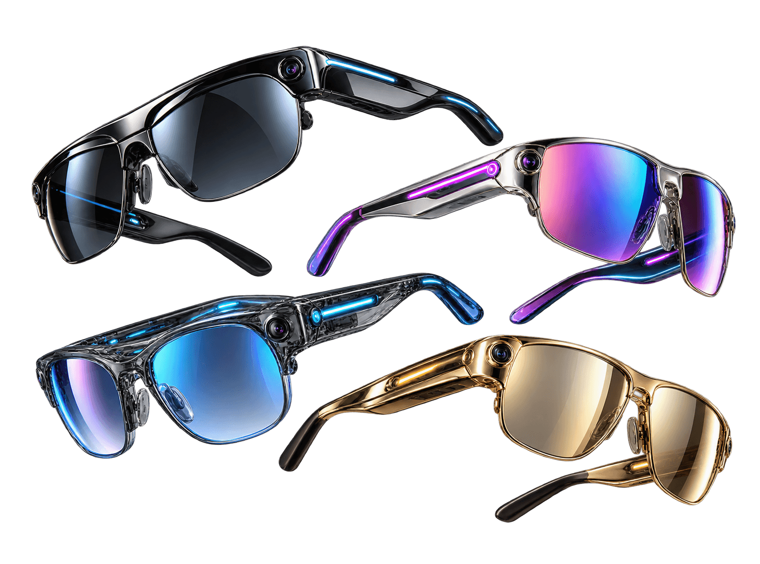 Euphoris™ eyewear concepts in dark chrome, mirror chrome, translucent electric blue and gold, with light accents along the temples
