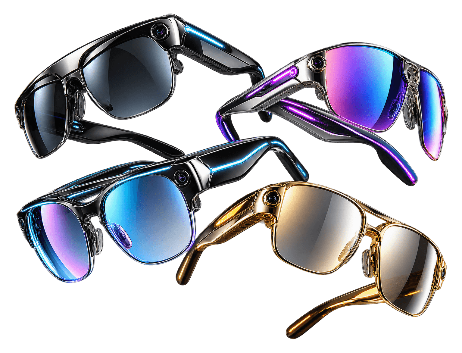 Euphoris™ eyewear concepts stacked in a diagonal composition: dark chrome, chrome with magenta light, blue chrome and gold