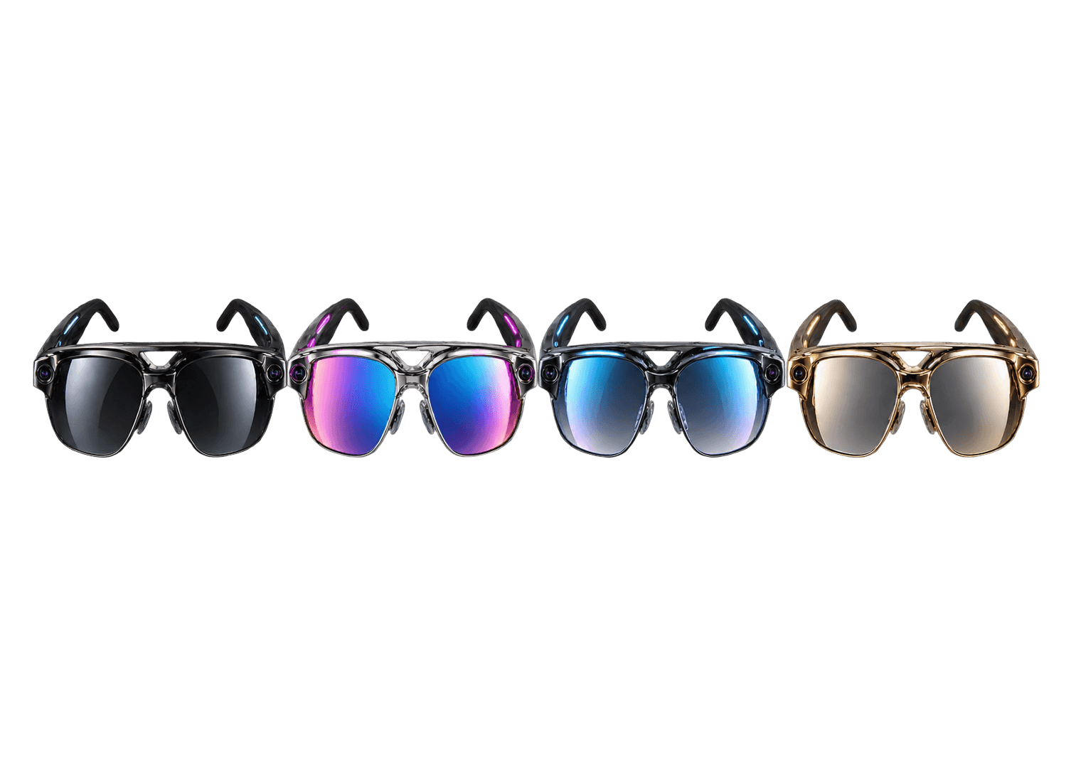 Four Euphoris™ eyewear colourways front-on: Midnight, Prism, Electric Blue and Champagne