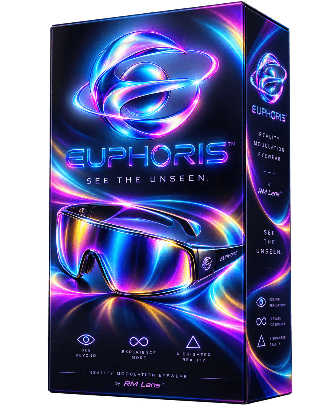 Euphoris™ packaging concept seen from an angle: emblem, wordmark and “Reality Modulation Eyewear by RM Lens” on the side panel