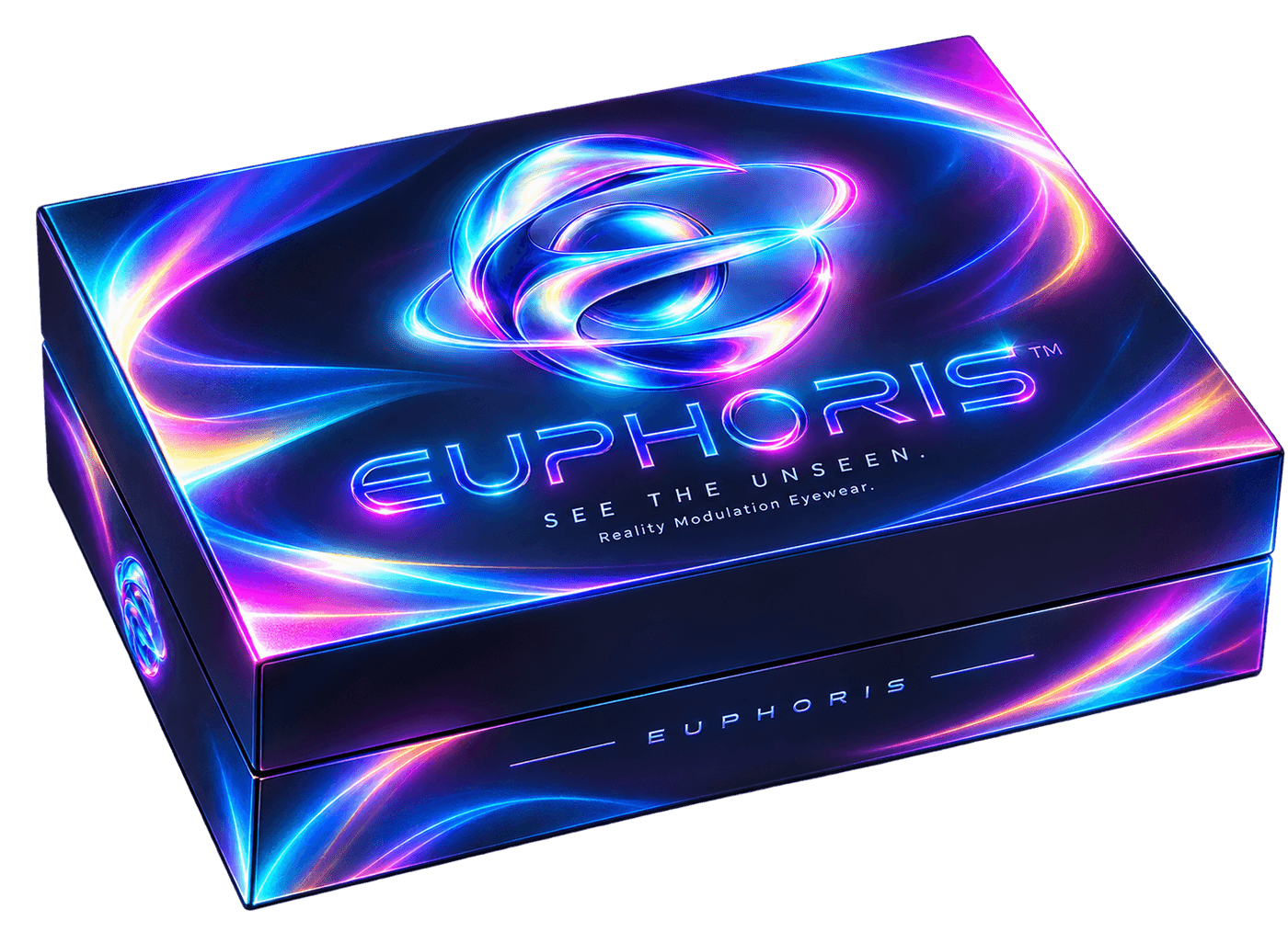 Euphoris™ packaging concept: a flat black box lit by cyan, violet and magenta light, with the orbital emblem and wordmark on the lid
