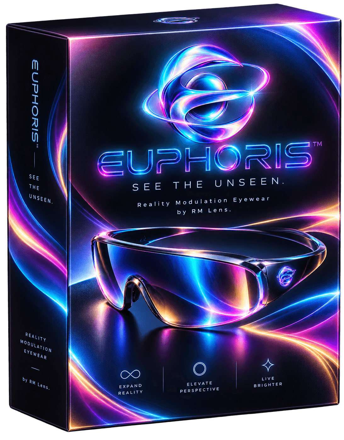 Euphoris™ packaging concept: a black box with the orbital emblem, the Euphoris wordmark, “See the unseen.” and a wraparound eyewear on a spectral light field